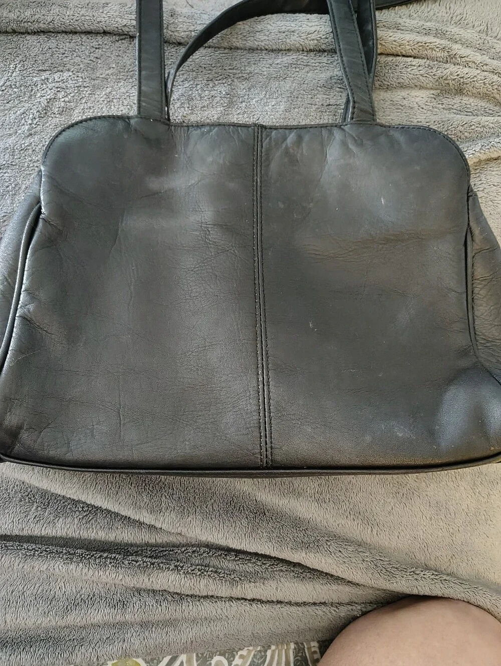 Laura Scott Classic Black Leather Tote Bag with Gold Accent -